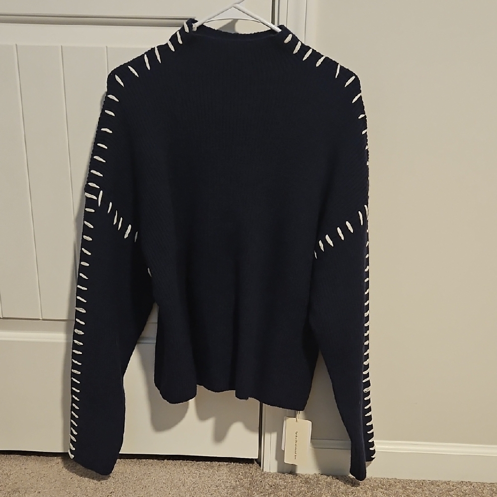 Commense Navy Mock Neck Sweater with White Stitching - NWT